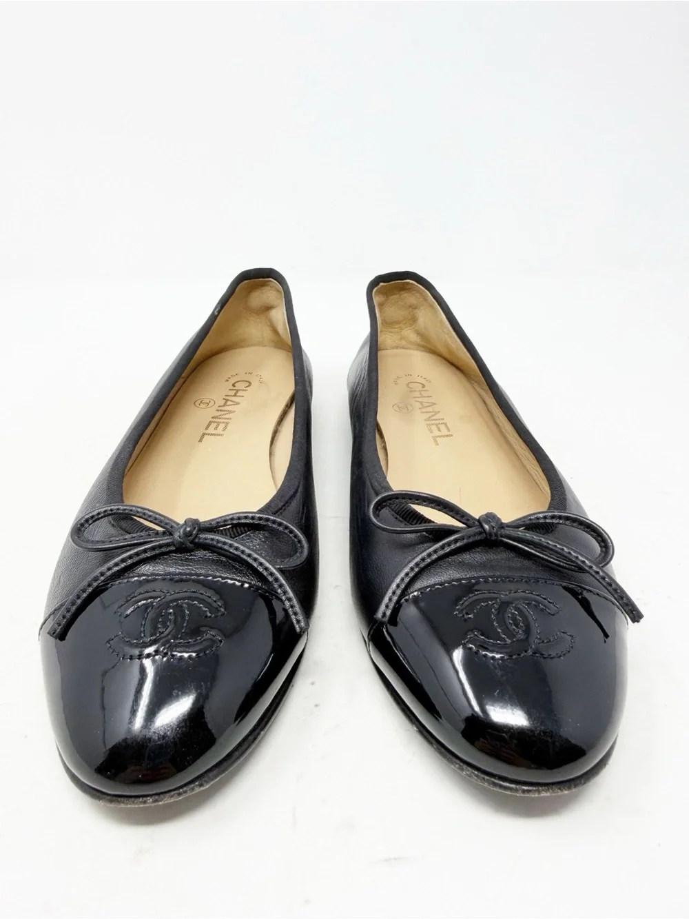 Chanel CC Cap Toe Leather Ballet Flats Black Womens EU 37.5